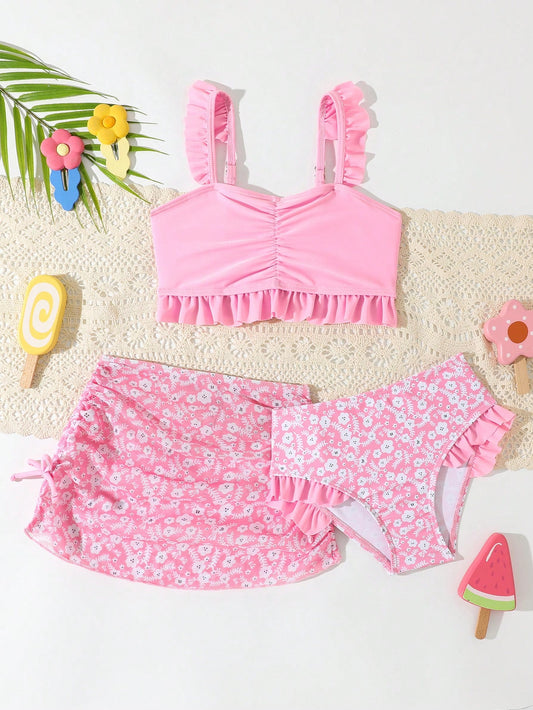 Young Girl 3pcs/Set Summer Beach Random Printed Bikini Swimwear Set