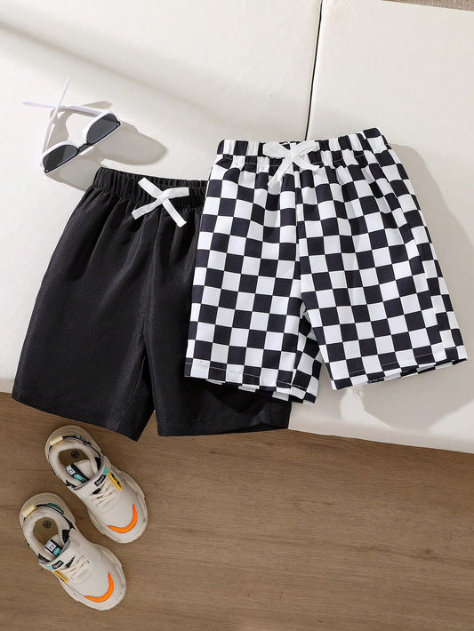 Young Boy 2pcs Comfortable And Breathable Black And White Colored Shorts For Casual Daily Wear, Ideal For Summer