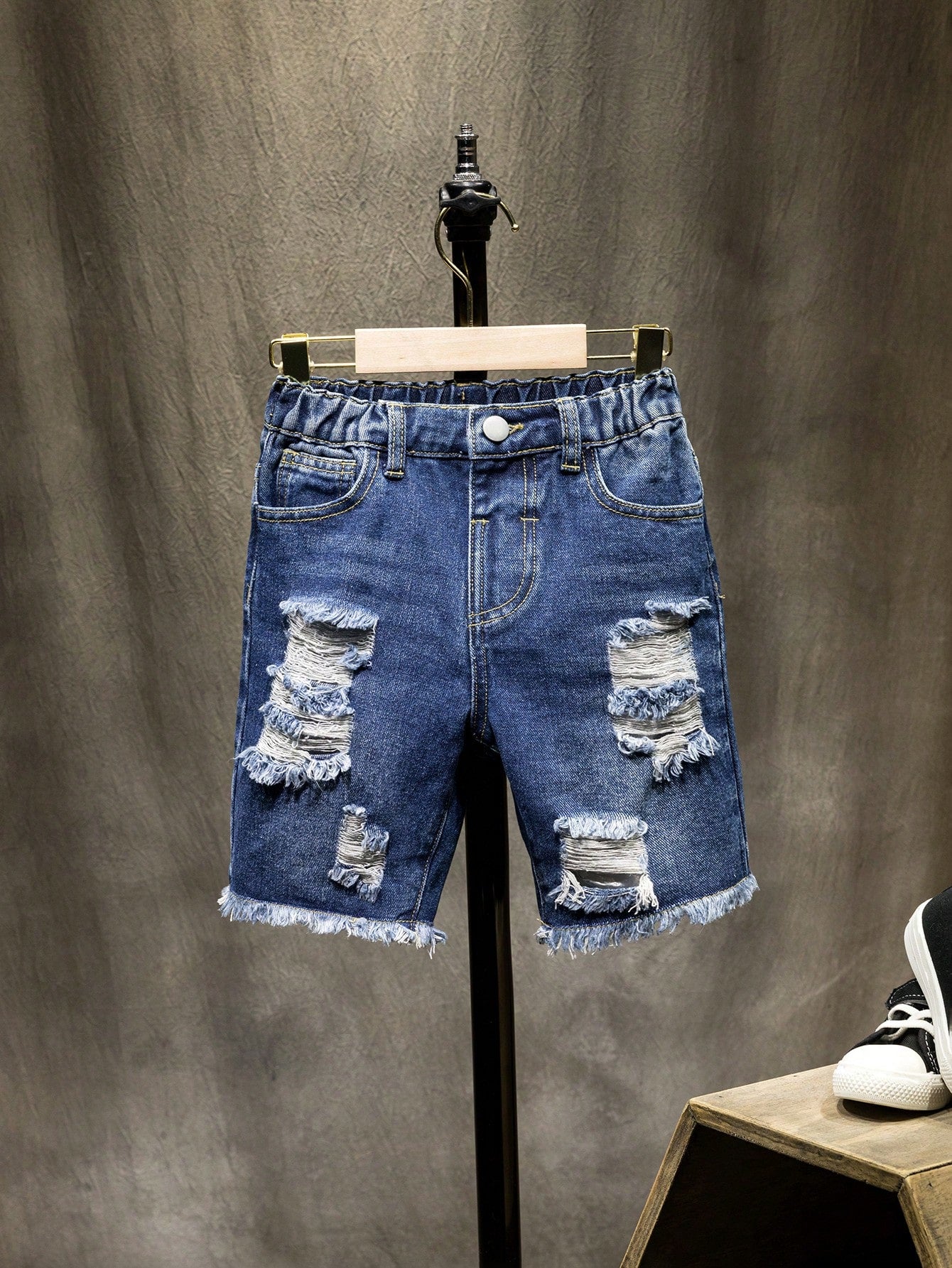 Young Boy Street Style Denim Shorts With Washed, Ripped, Frayed Edge Details And Slanted Pockets