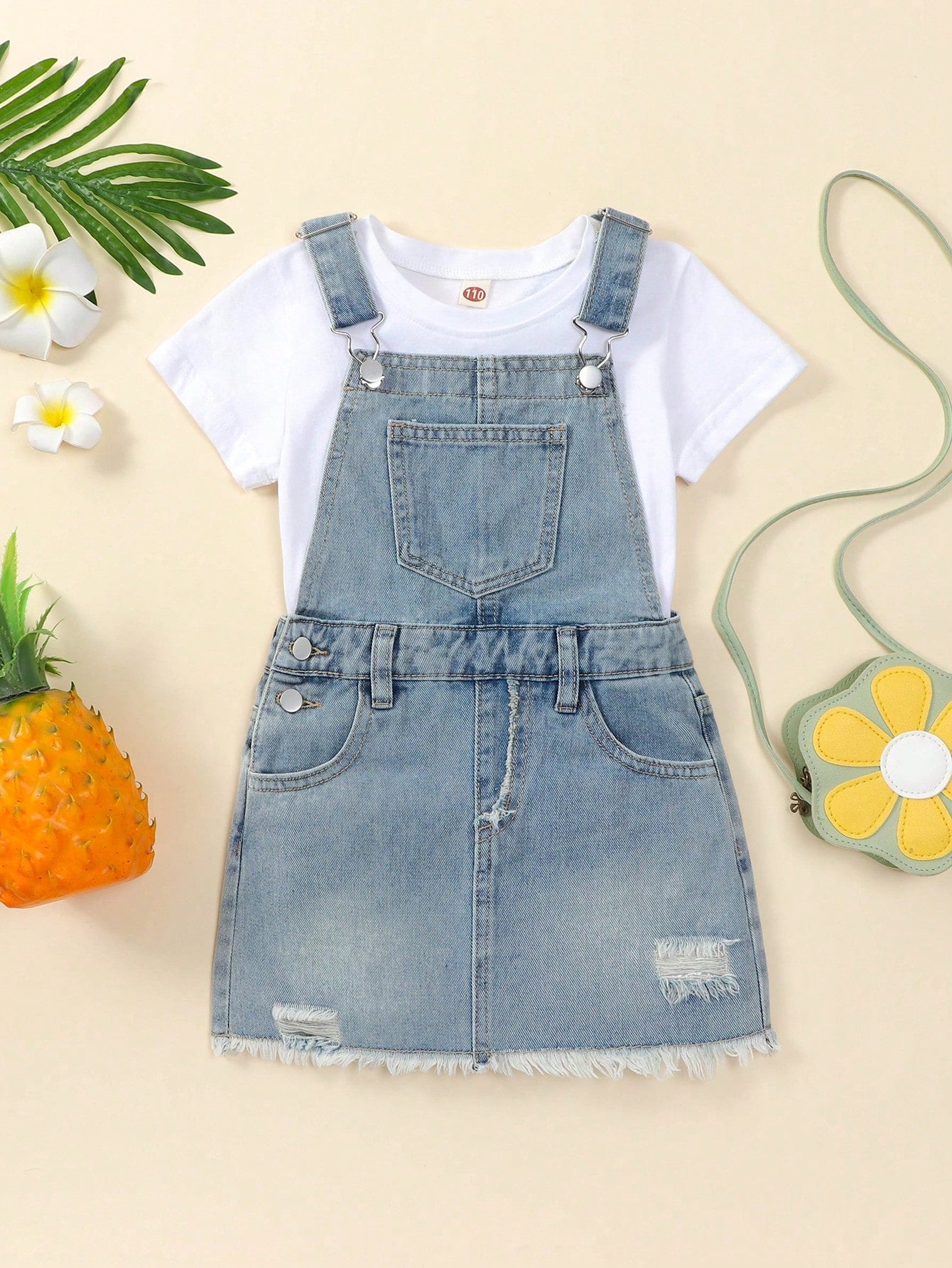 Young Girl Washed Ripped Raw Hem Short Denim Dress For Summer