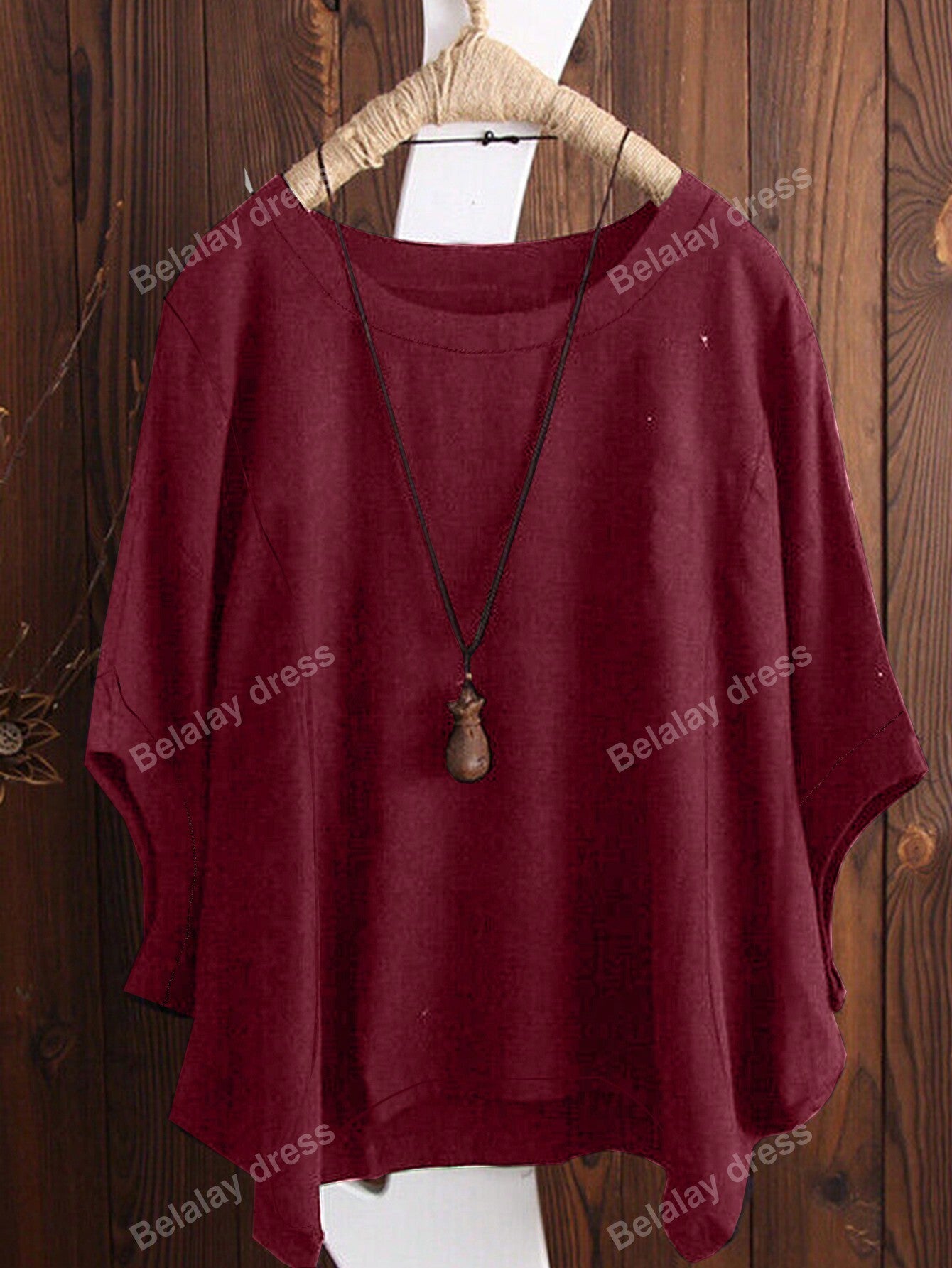 Vintage Solid Color Round Neck Batwing Sleeve Linen Women's Shirt