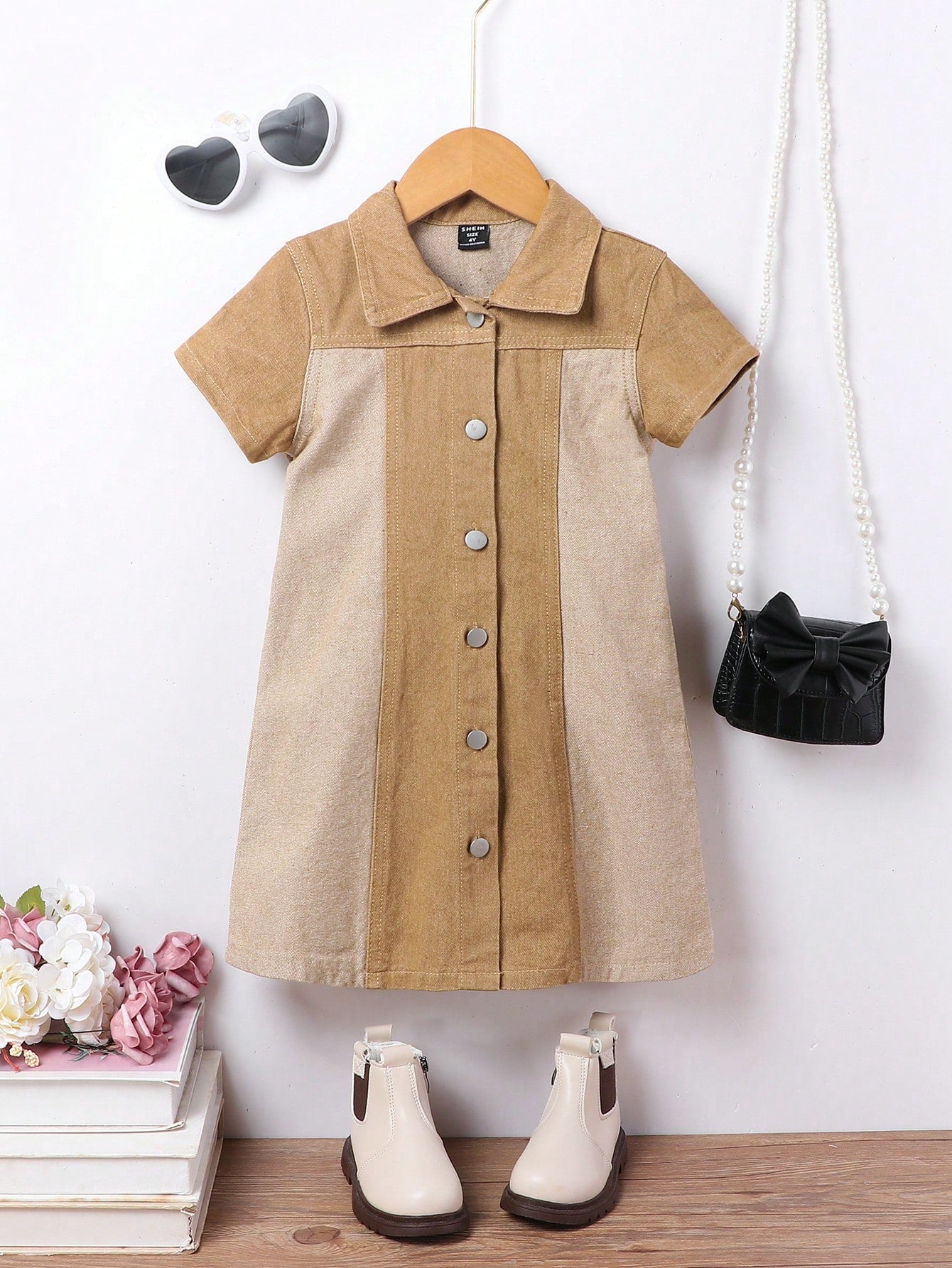 Young Girls' Vintage College Style Personality Design Short Sleeve Denim Shirt Dress With Color Blocking And Loose Fit