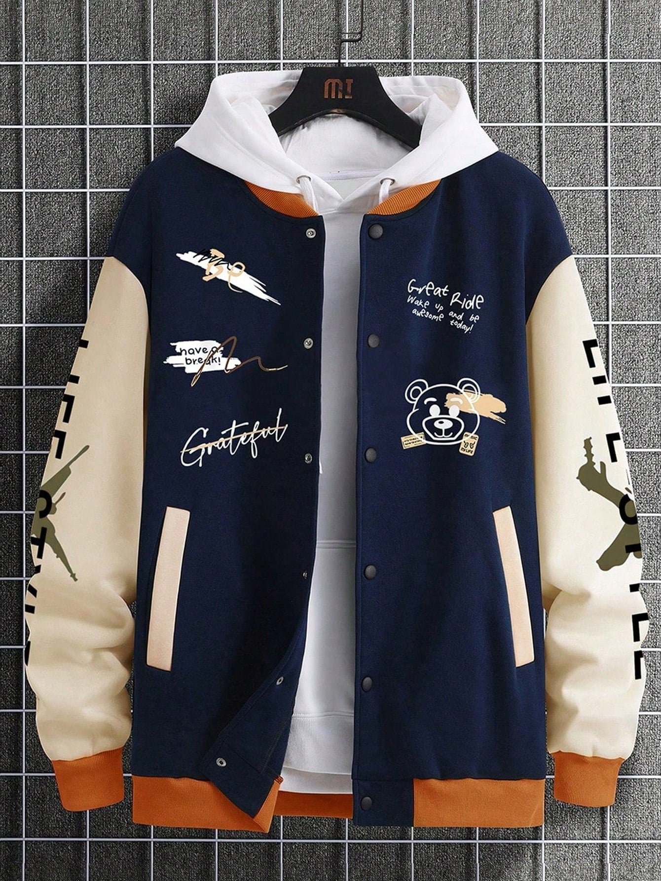 Men's Letter Graphic Two-Tone Loose Fit Drop Shoulder Varsity Jacket Without Hoodie