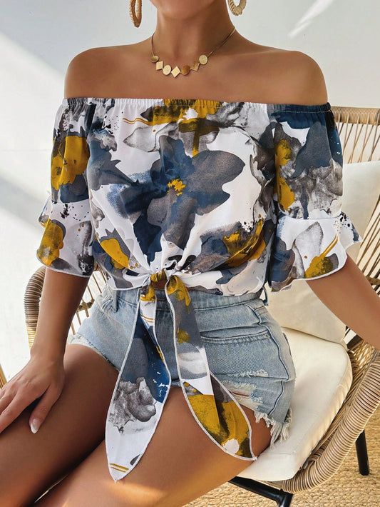 Women Summer Vacation Hawaiian Style Printed Off Shoulder Bandeau Blouse