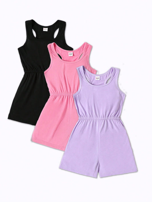 Young Girl 3pcs Stretch-Fit Casual Romper Sleeveless Racer Back Durable, Versatile & Machine-Wash Friendly Unitard