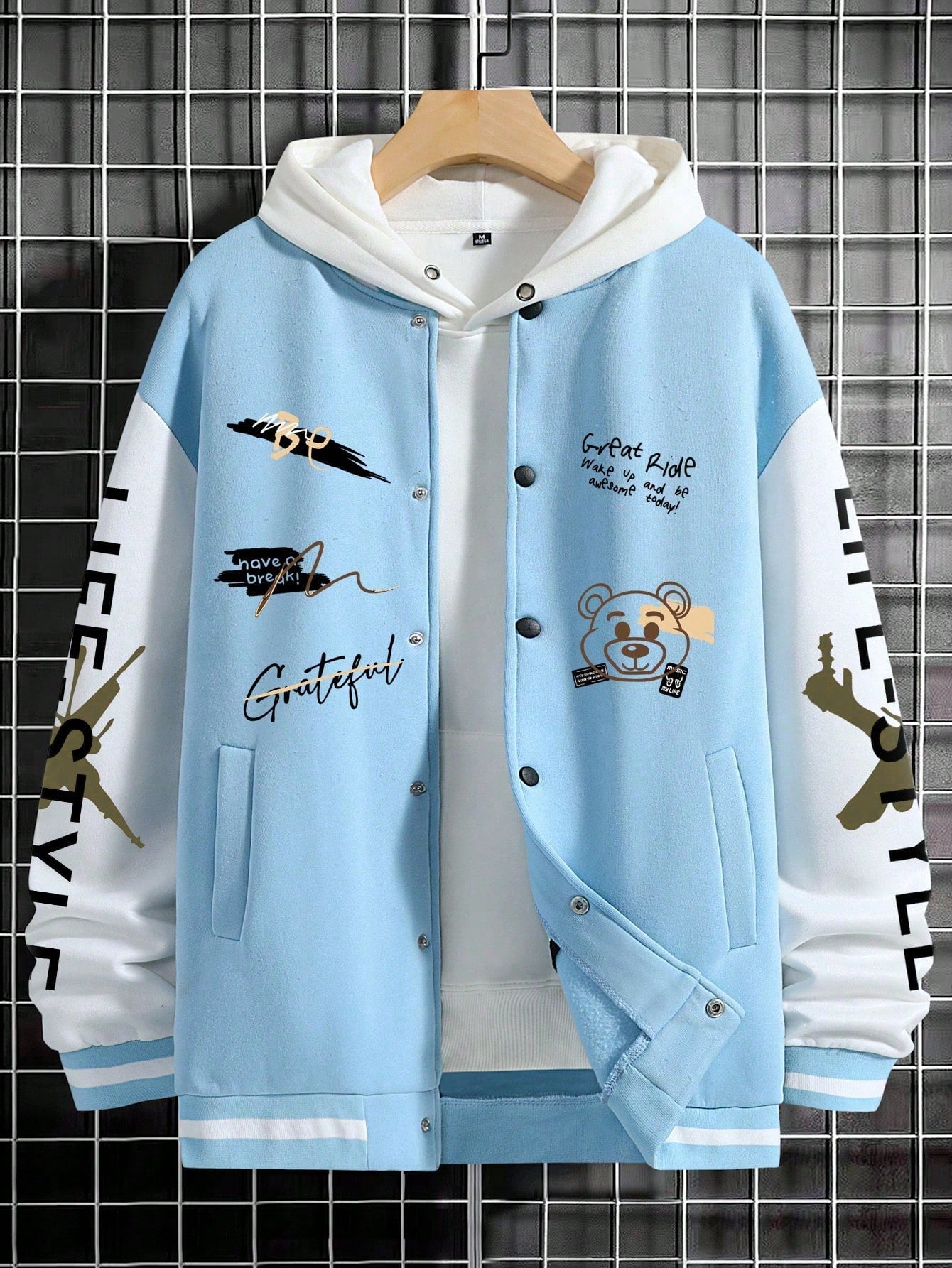 Men's Letter Graphic Two-Tone Loose Fit Drop Shoulder Varsity Jacket Without Hoodie