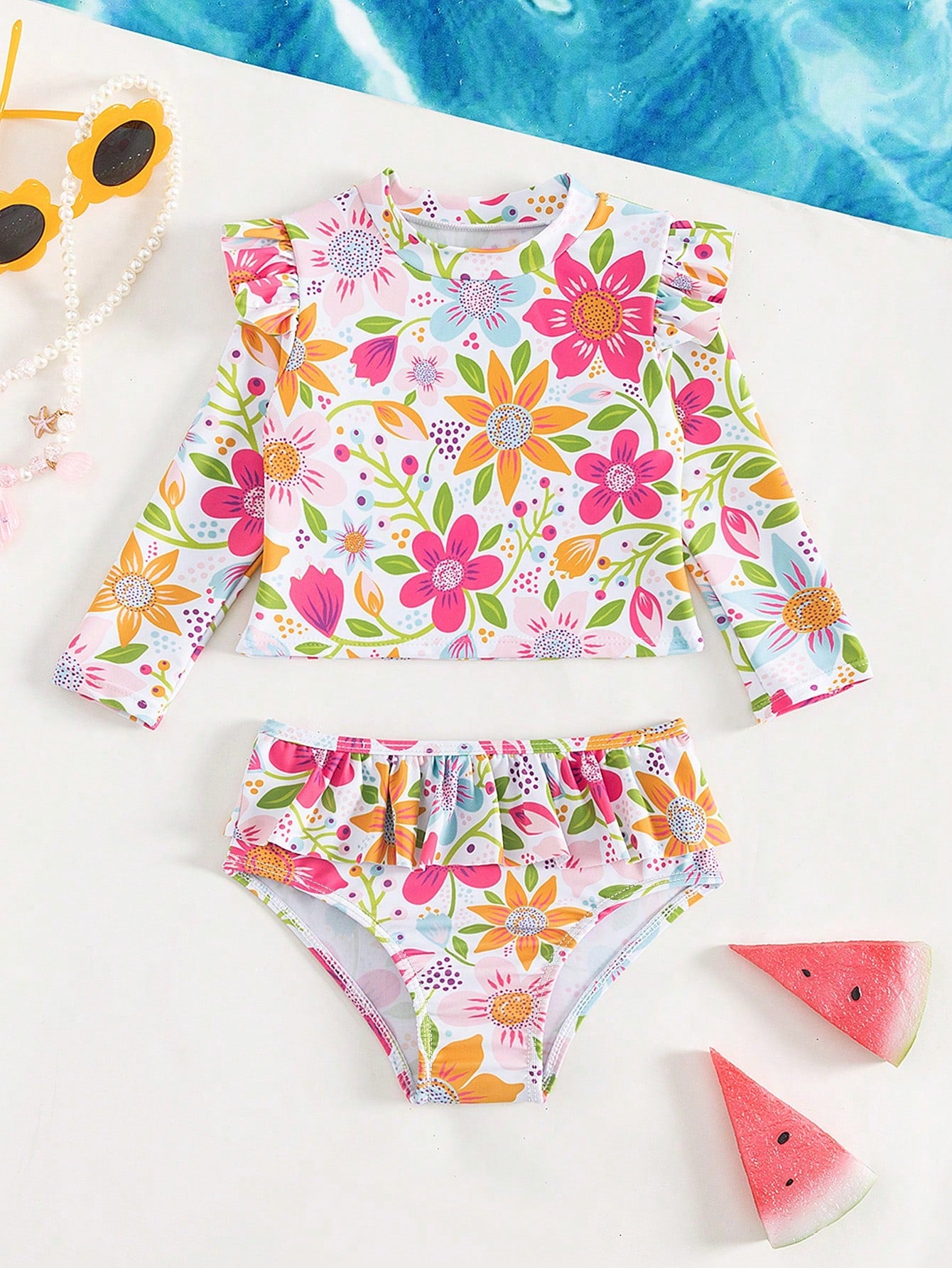 Young Girl Floral Printed Split Long Sleeve Swimsuit With Swim Shorts