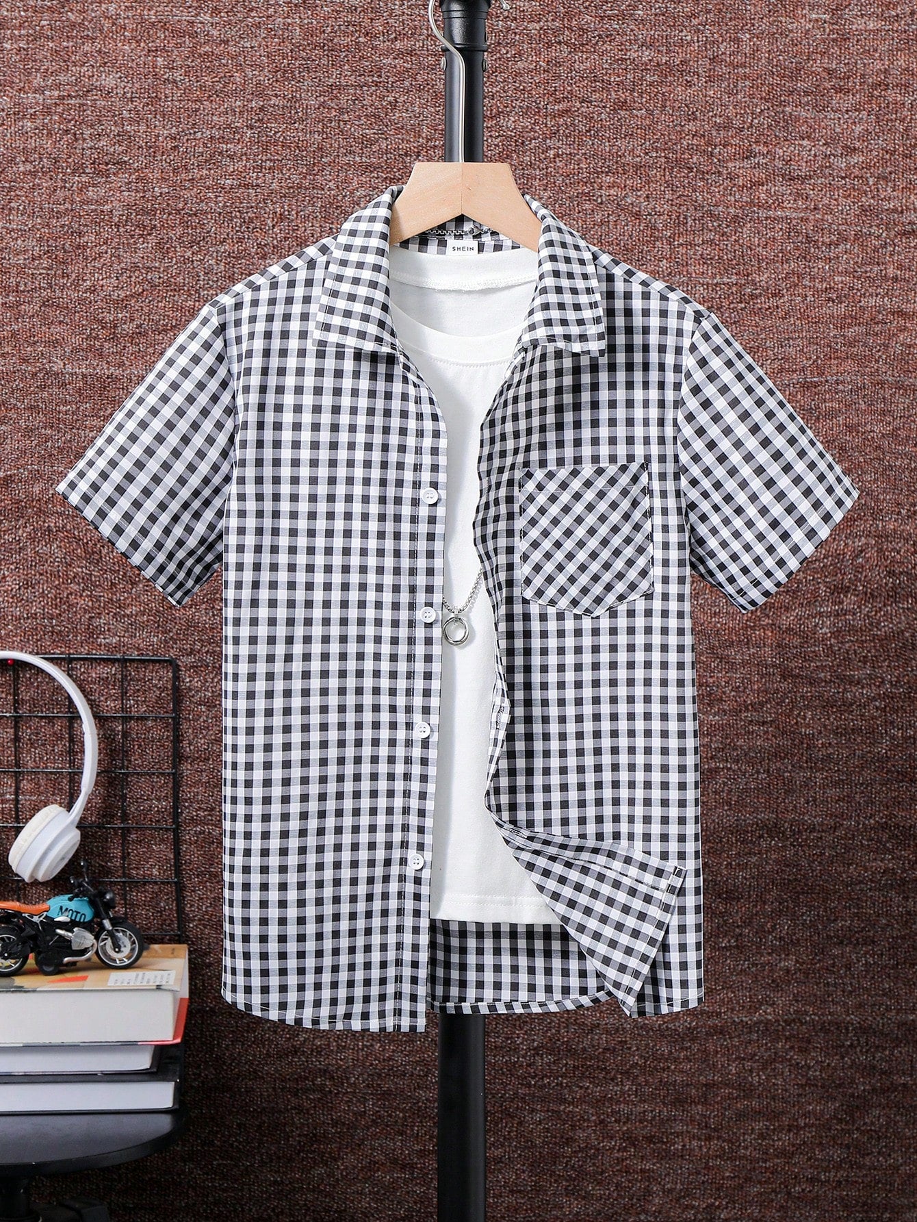 Tween Boys' Fashionable Classic Plaid Short Sleeve Shirt For Summer