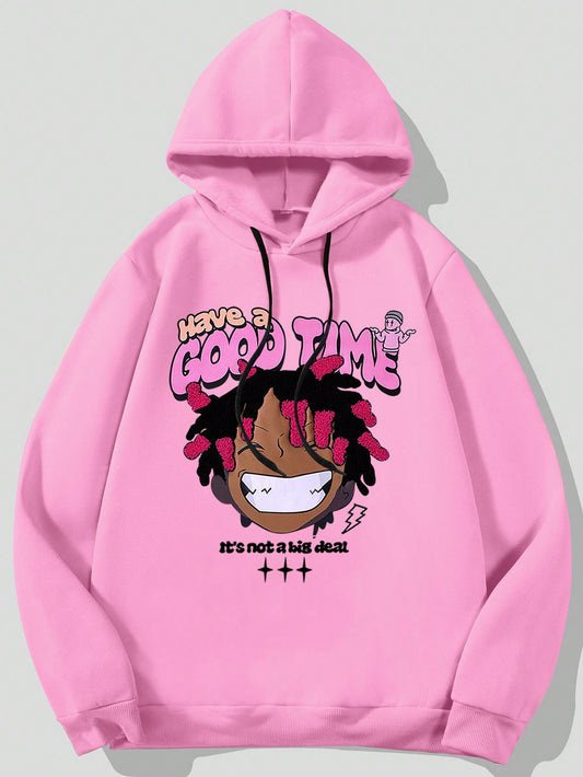 Men Cartoon Characters And Letters Printed Hoodie With Drawstring