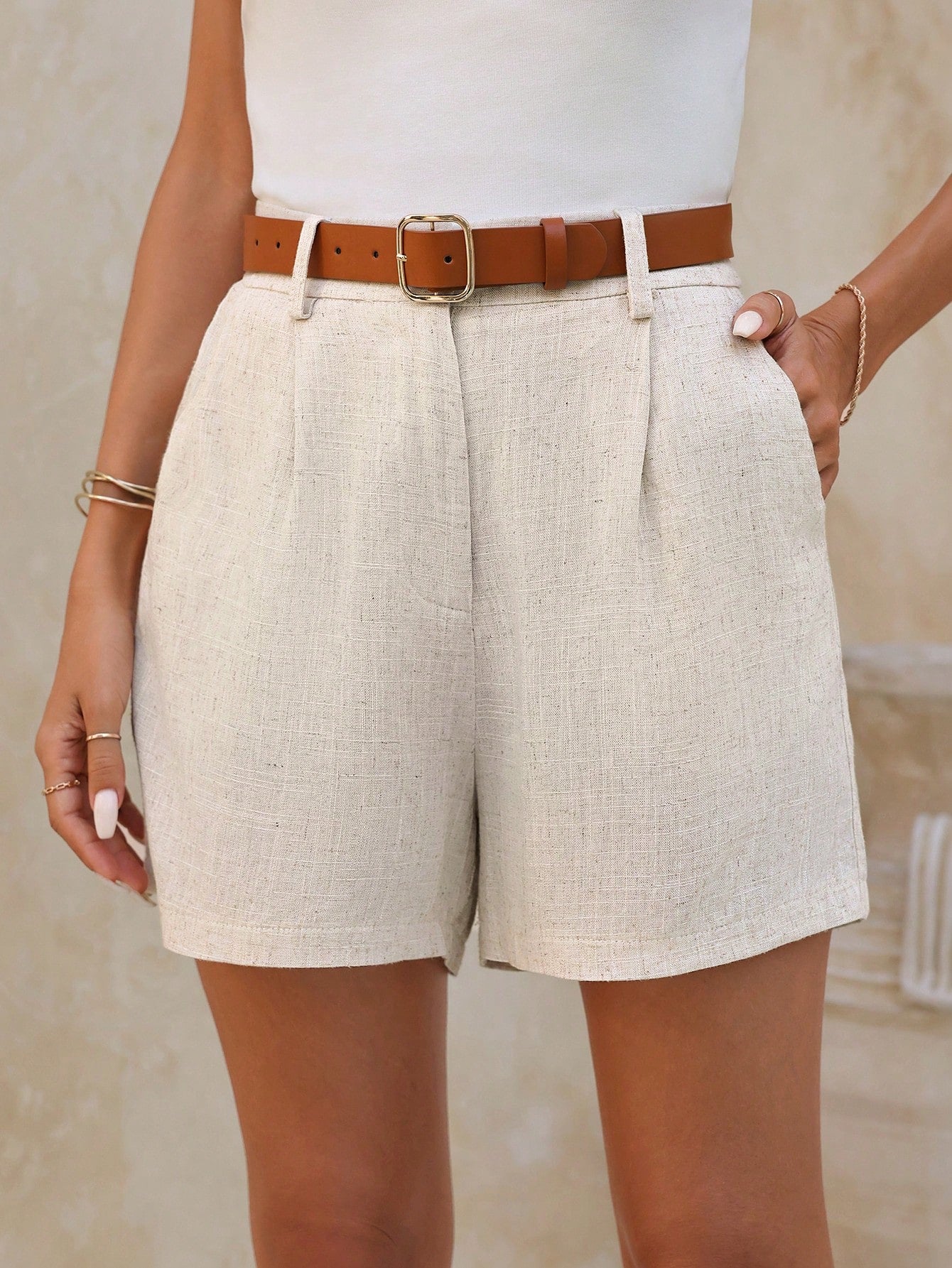 Women's Simple Solid Color Linen Shorts With Bamboo Knot Design