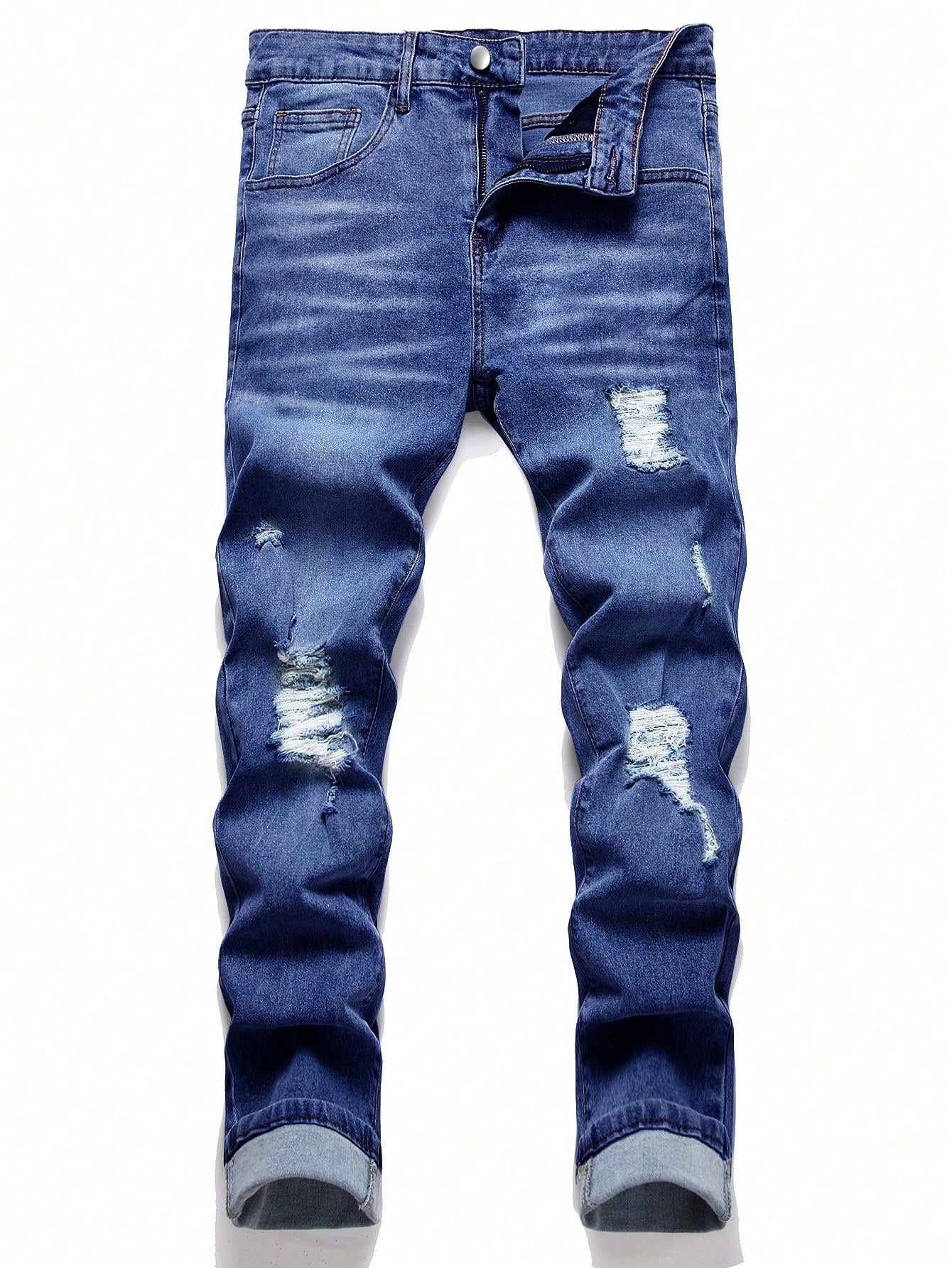 Men Cotton Bleach Wash Ripped Frayed Jeans