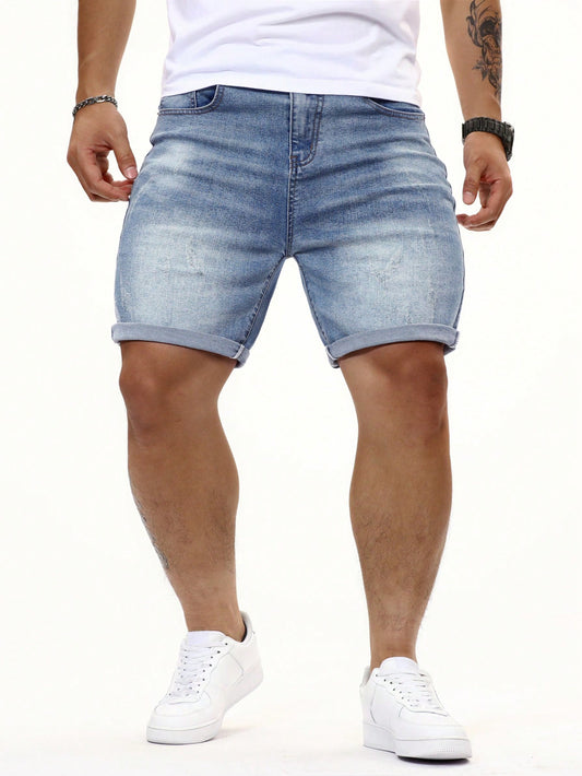 Plus Size Men Fashionable And Versatile Light Colored Denim Shorts Jorts Plain Blue Work Basic