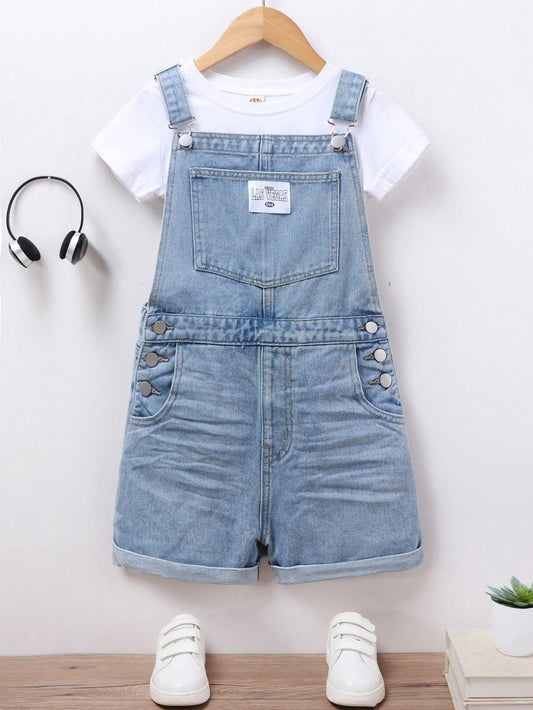 Tween Girl Basic Casual Daily Style Light Blue Washed Jean Shortalls Featuring Woven Label, Roll Up Hem, And Wrinkle Treatment Craftsmanship.