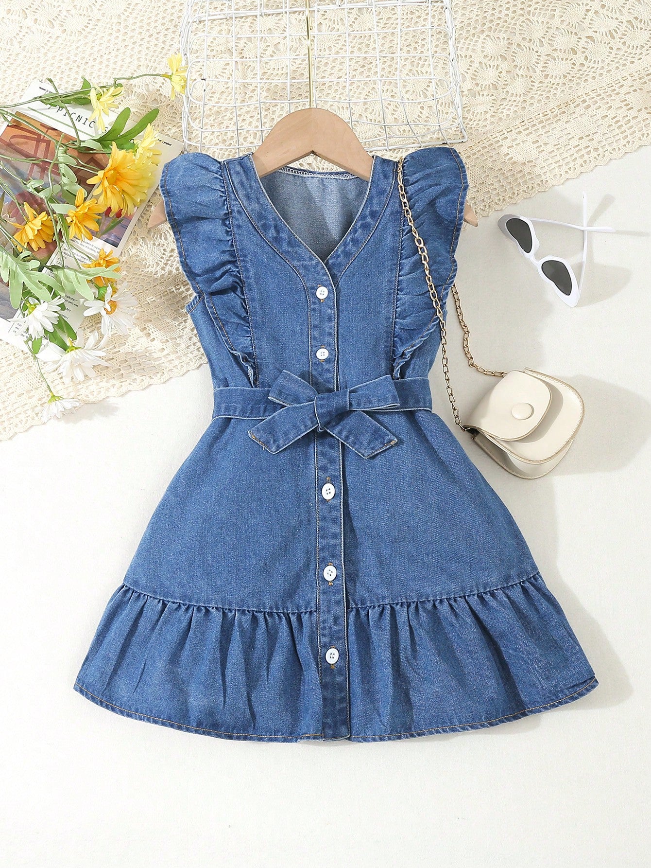 Young Girl Vacation Style Mid-Blue Wash Denim Dress With Cap Sleeves And Waist Belt