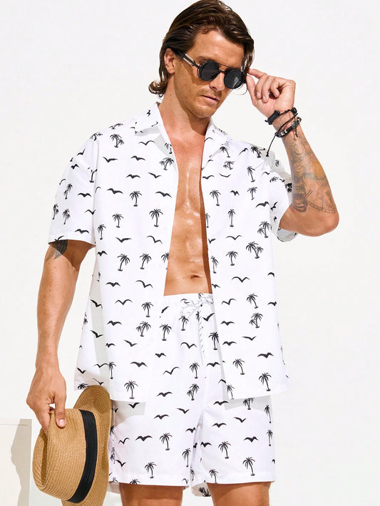 Men Summer Vacation Palm Tree Printed Short Sleeve Shirt And Loose Shorts Beach Set