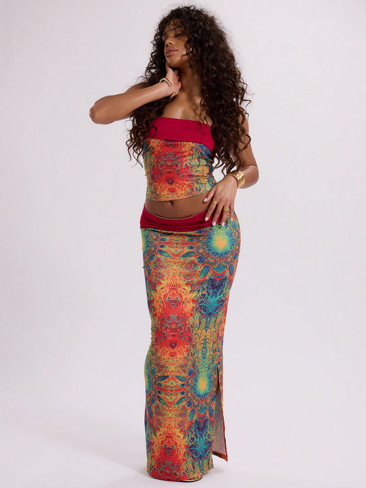 Slinky Pychedellic Print Folded Maxi Skirt