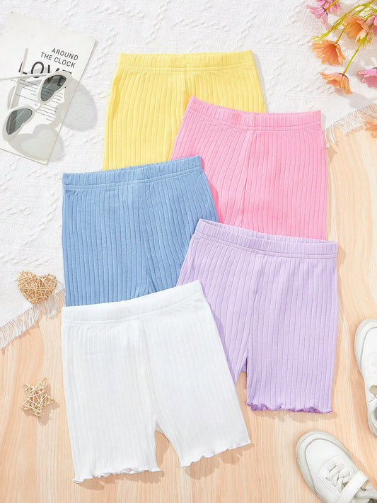 Young Girl Snug Fit Knitted Monochromatic Casual Shorts Set Of Five