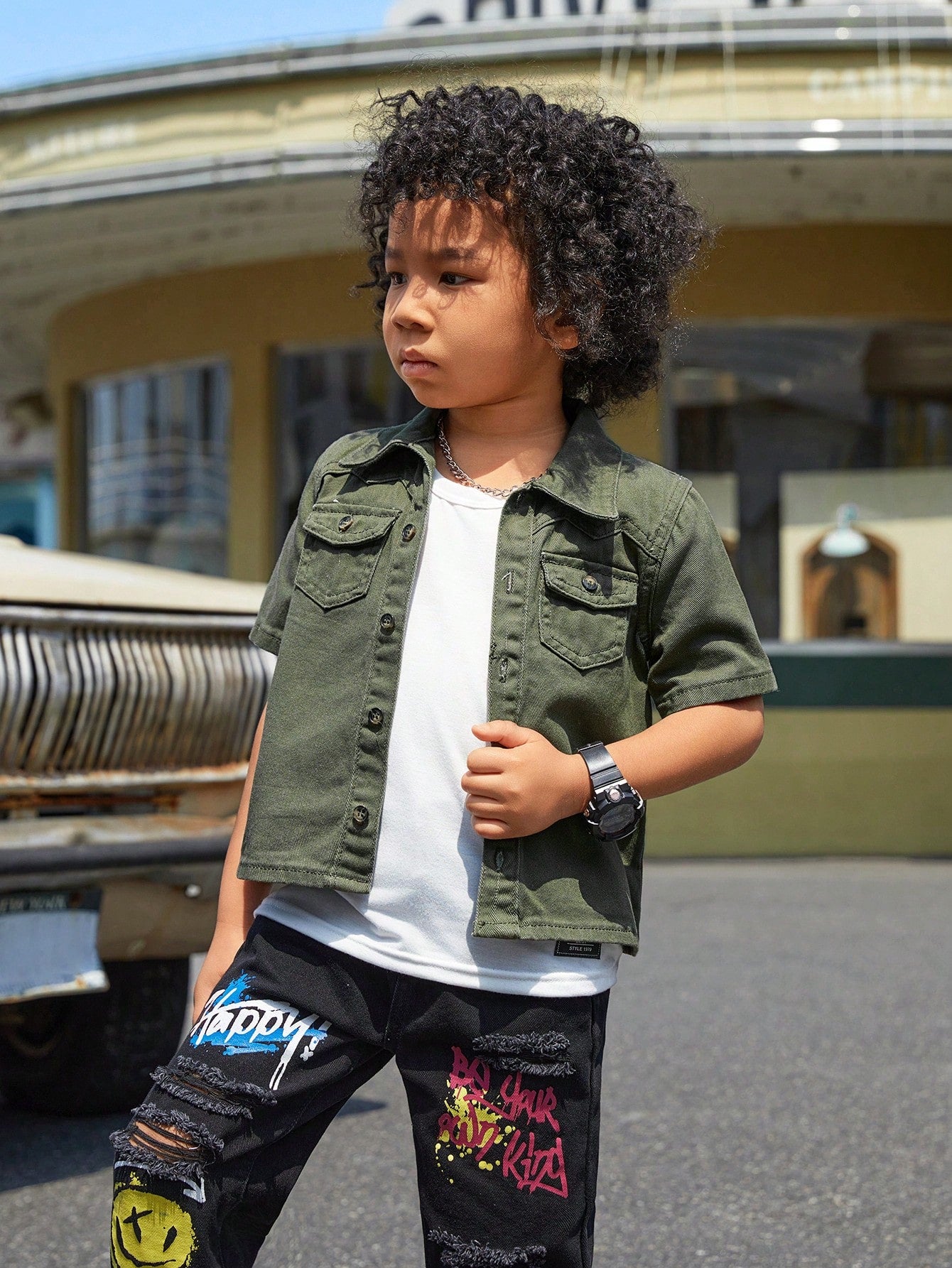 Young Boys' Casual Comfortable Loose Washed Green Short Sleeves Denim Shirts For Summer Daily Wear