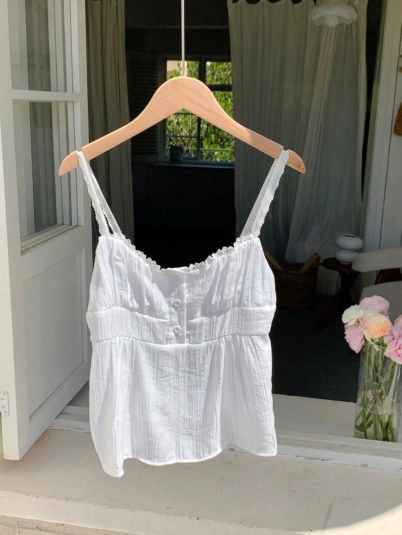 Comfortcana Spring/Summer Casual A-Line Lace Camisole With Buttons