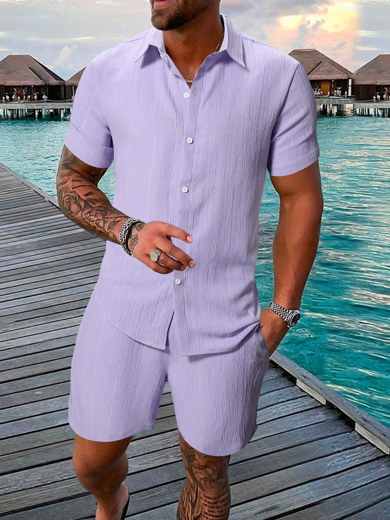 Men's Summer Solid Color Short Sleeve Shirt And Drawstring Waist Shorts Casual Set