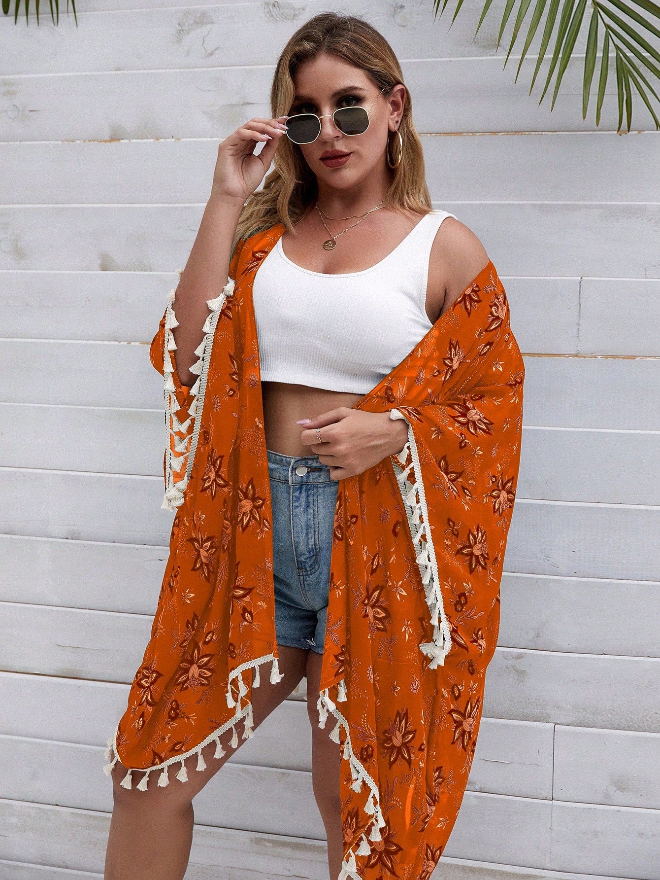 Swim Lushore Plus Size Summer Holiday Floral Printed Fringe Decorated Kimono Jacket With Batwing Sleeve