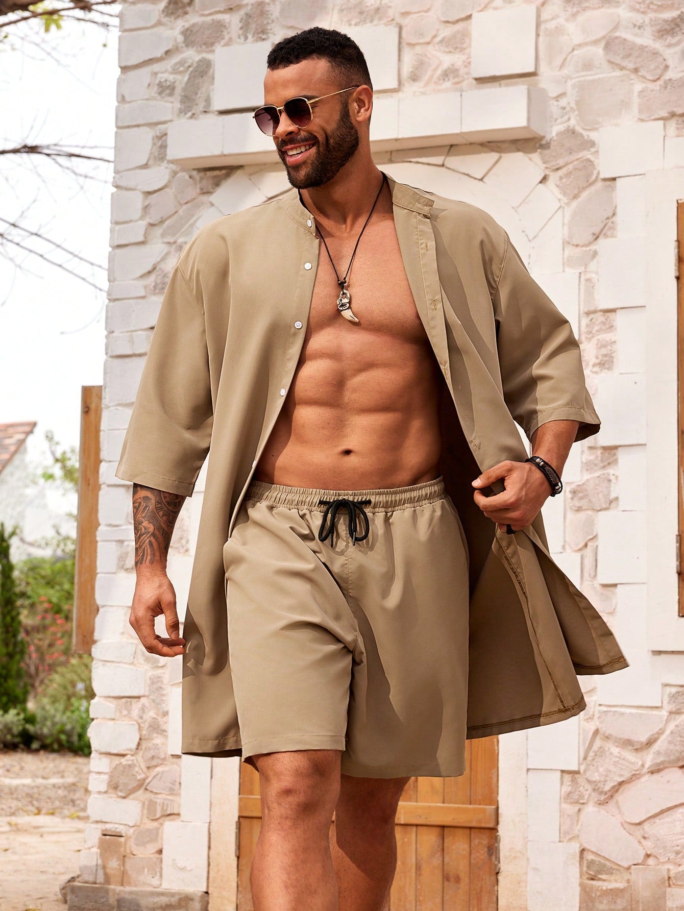 Men Plus Size Summer Solid Color Loose Fit Mid-Length Sleeve Shirt And Shorts Casual Set