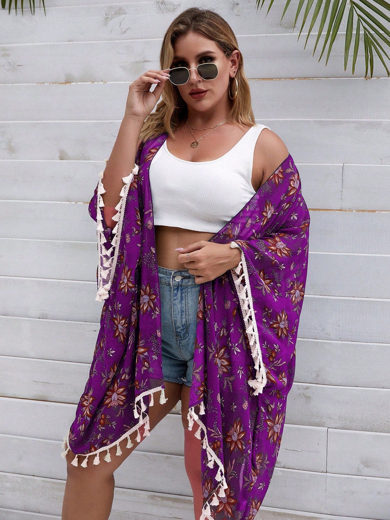 Swim Lushore Summer Beach Plus Floral Print Tassel Trim Kimono