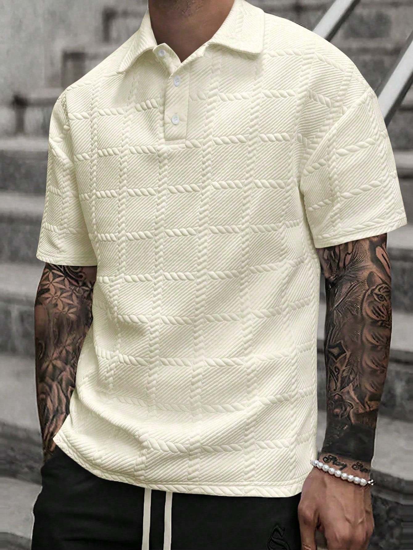 Men's Spring/Summer Solid Textured Short Sleeve Polo Shirt