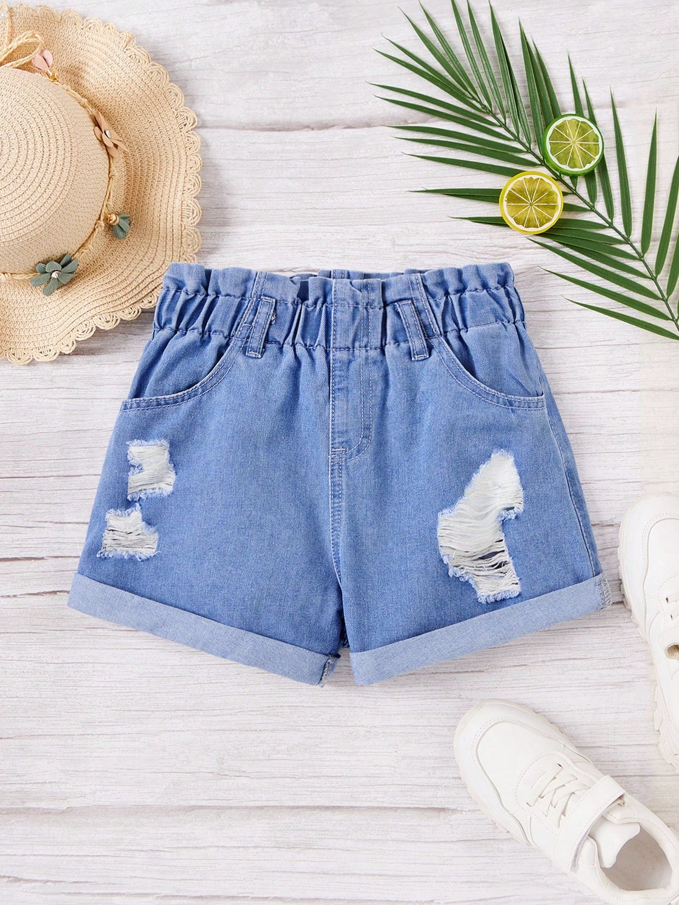 Teen Girls Ripped Paperbag Waist Roll Up Hem Denim Shorts