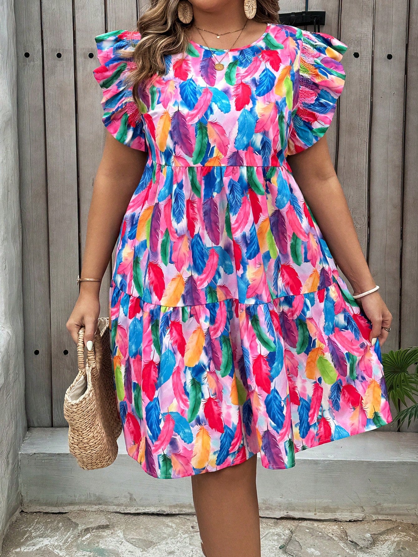 Plus Size-Size Holiday Round Neck Puff Sleeve A-Line Dress With Feather Print