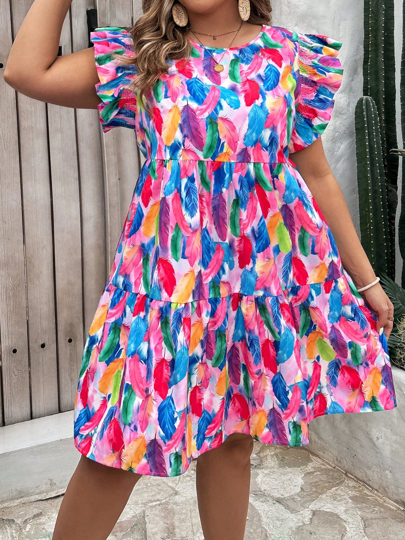 Plus Size-Size Holiday Round Neck Puff Sleeve A-Line Dress With Feather Print