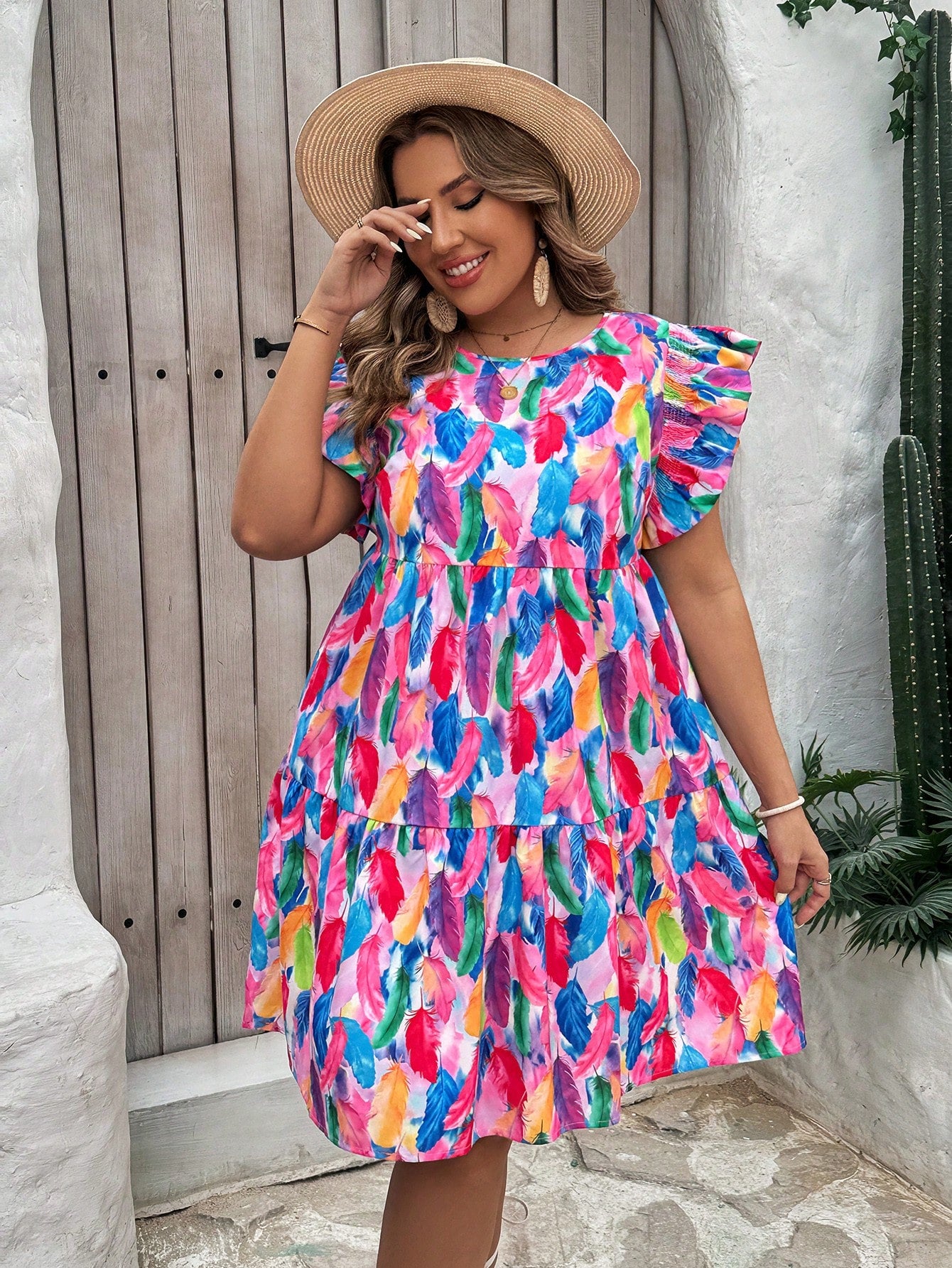 Plus Size-Size Holiday Round Neck Puff Sleeve A-Line Dress With Feather Print