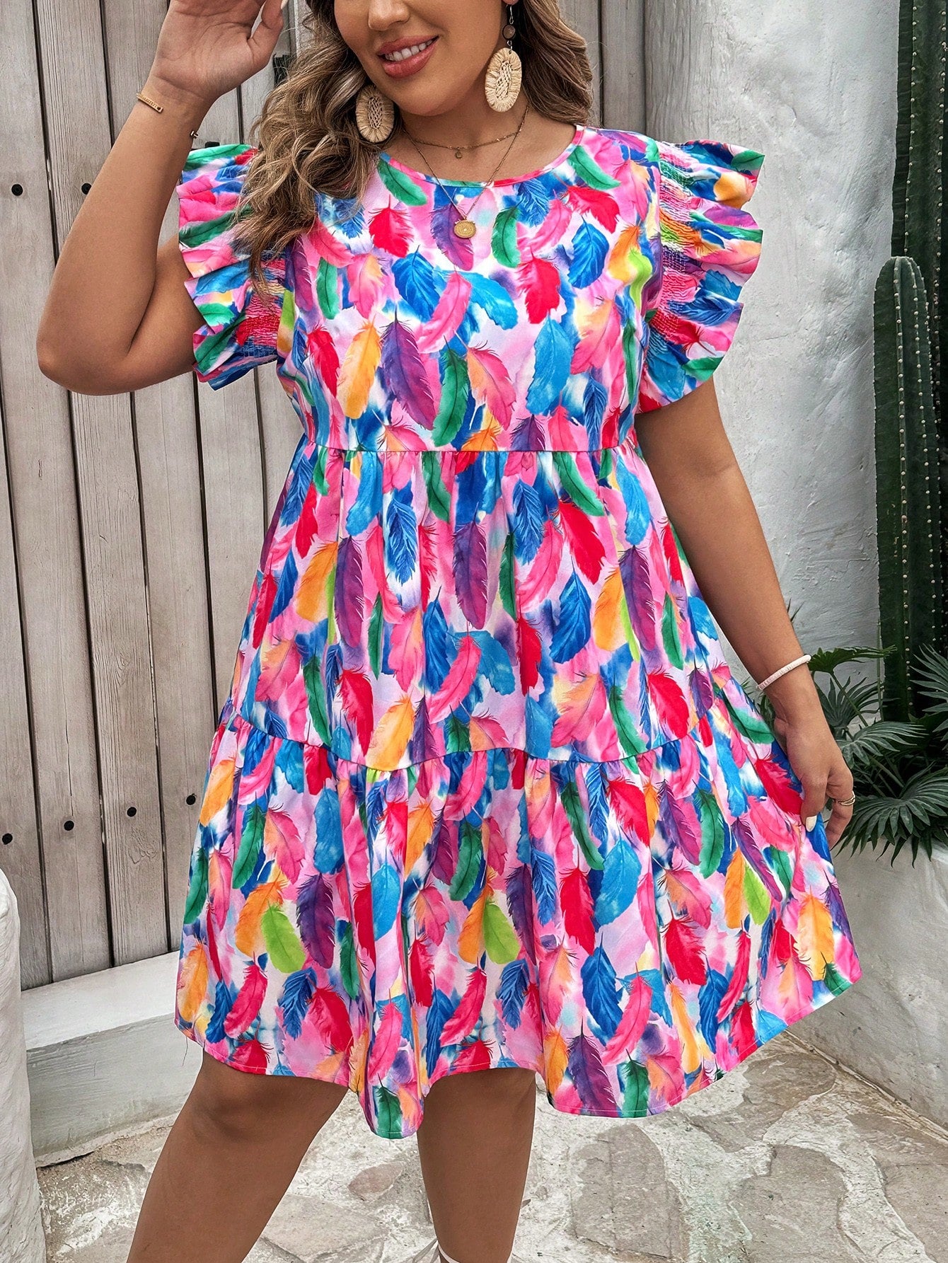 Plus Size-Size Holiday Round Neck Puff Sleeve A-Line Dress With Feather Print