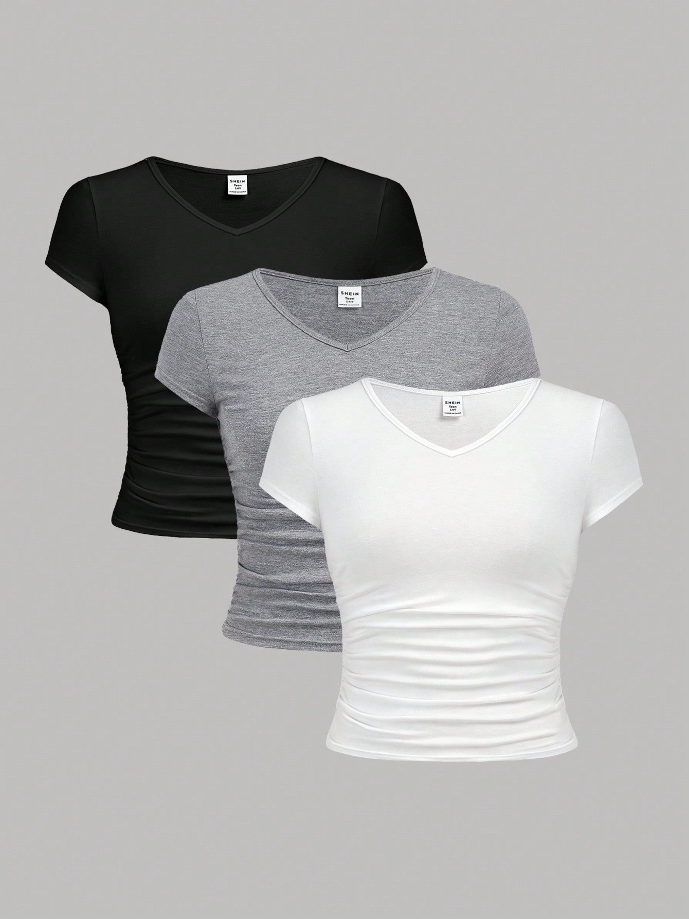 Teen Girl's Knitted Solid Color V-Neck Short Sleeve T-Shirt With Pleats, Set Of 3 For Casual Wear