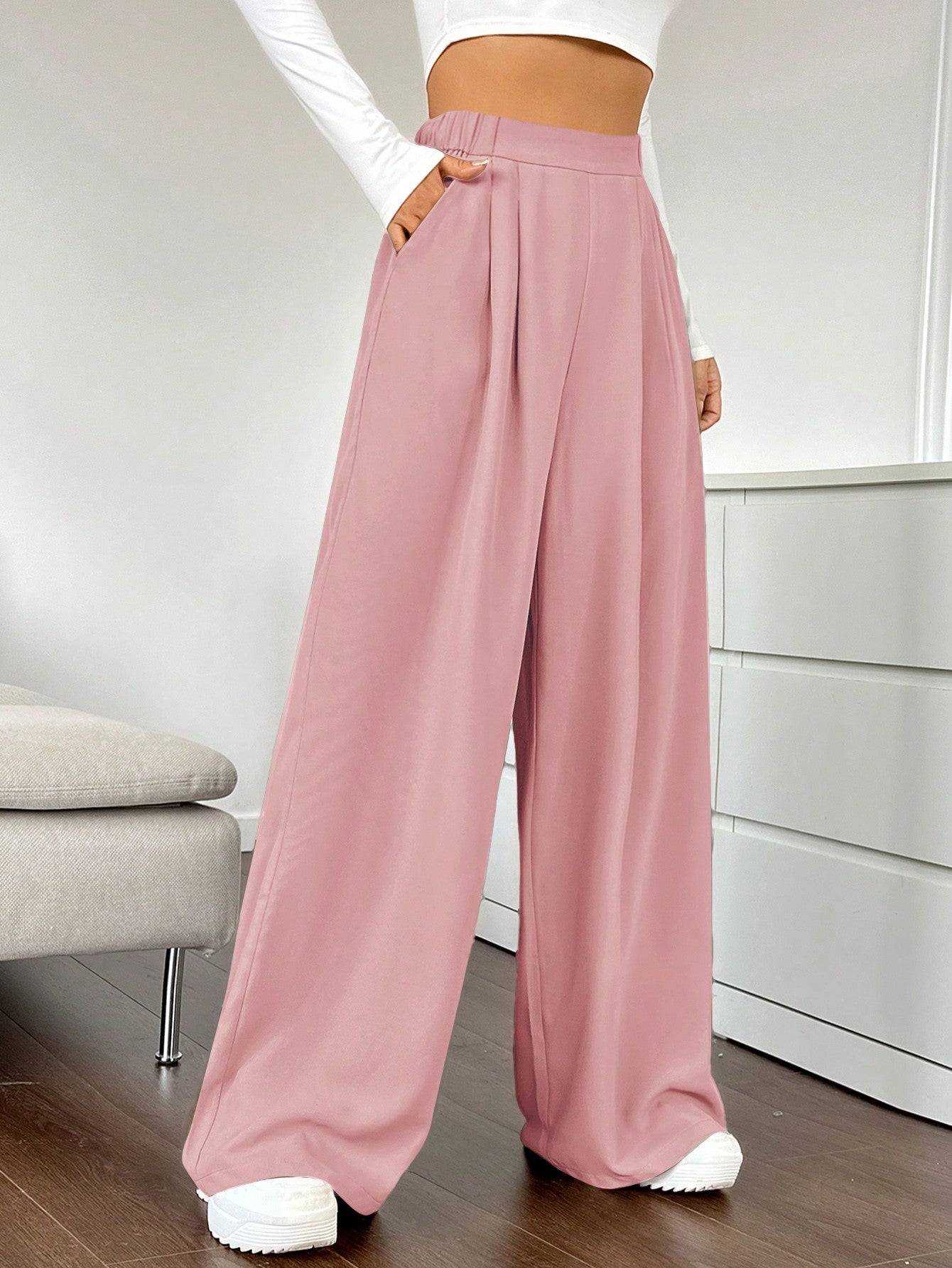 Women's Solid Color Pleated Wide Leg Pants