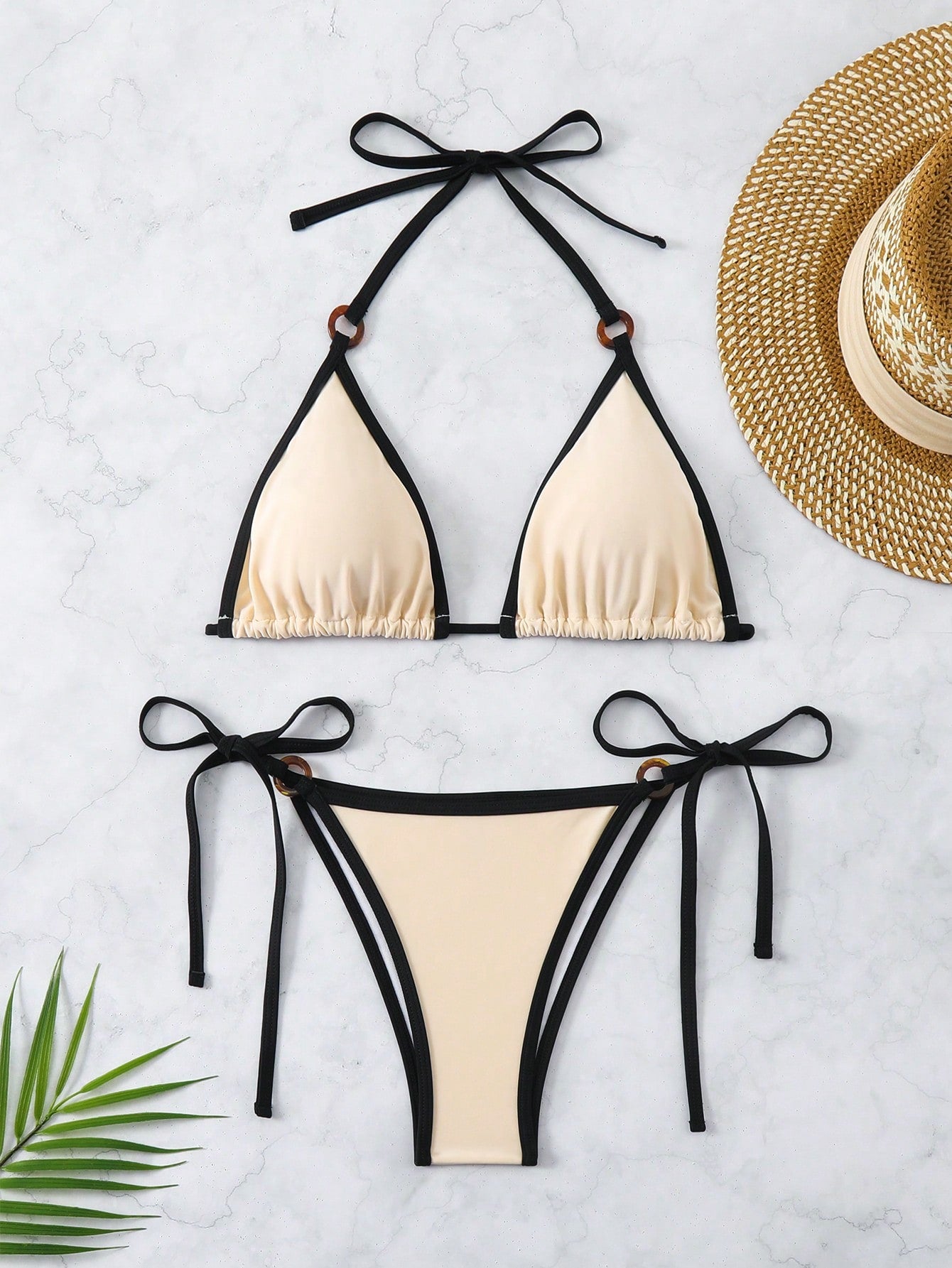 Swim Summer Beach Ladies' Solid Color Bikini Set With Trim Details - Halter Triangle Bralette And Side Tie Bottom Bikini