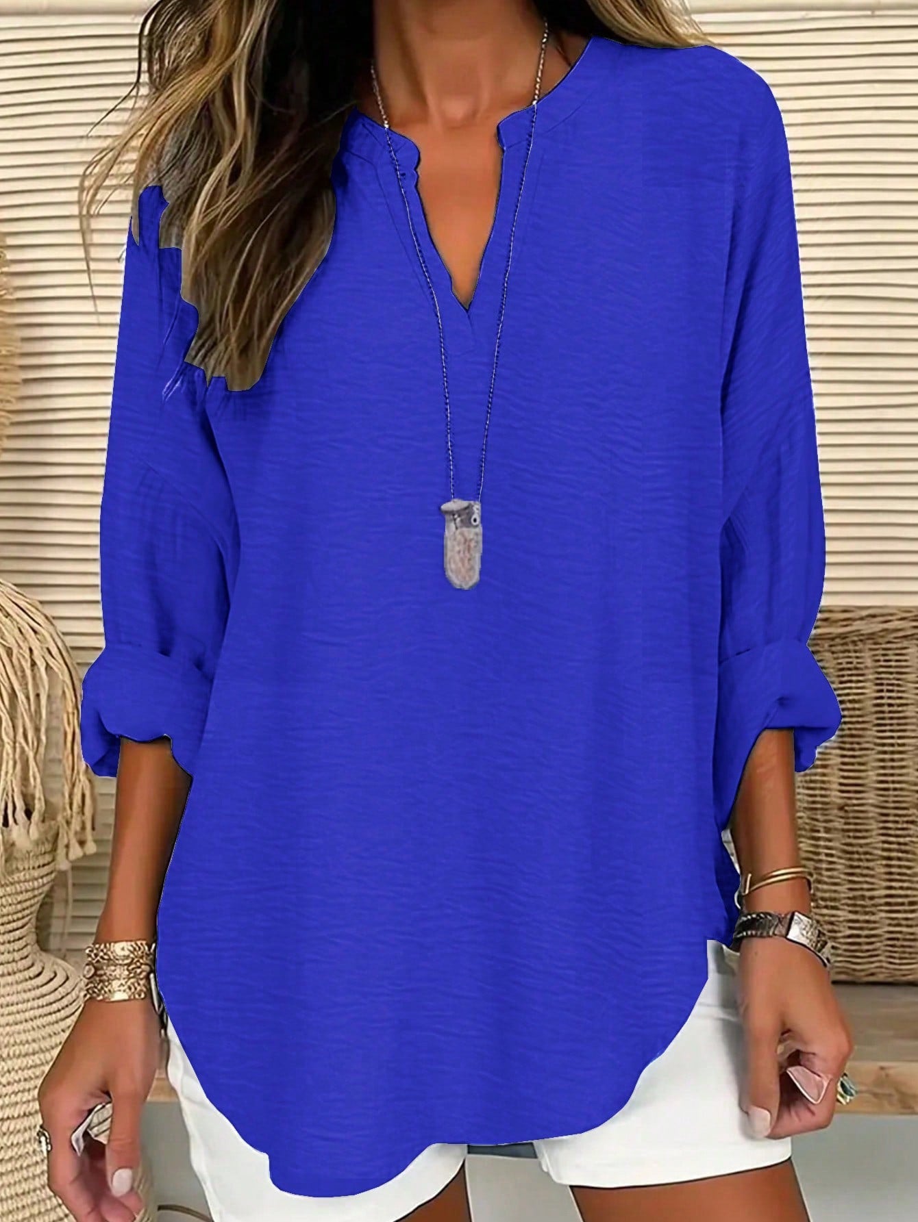 Plus Size Solid Color Casual Shirt With Notched Collar