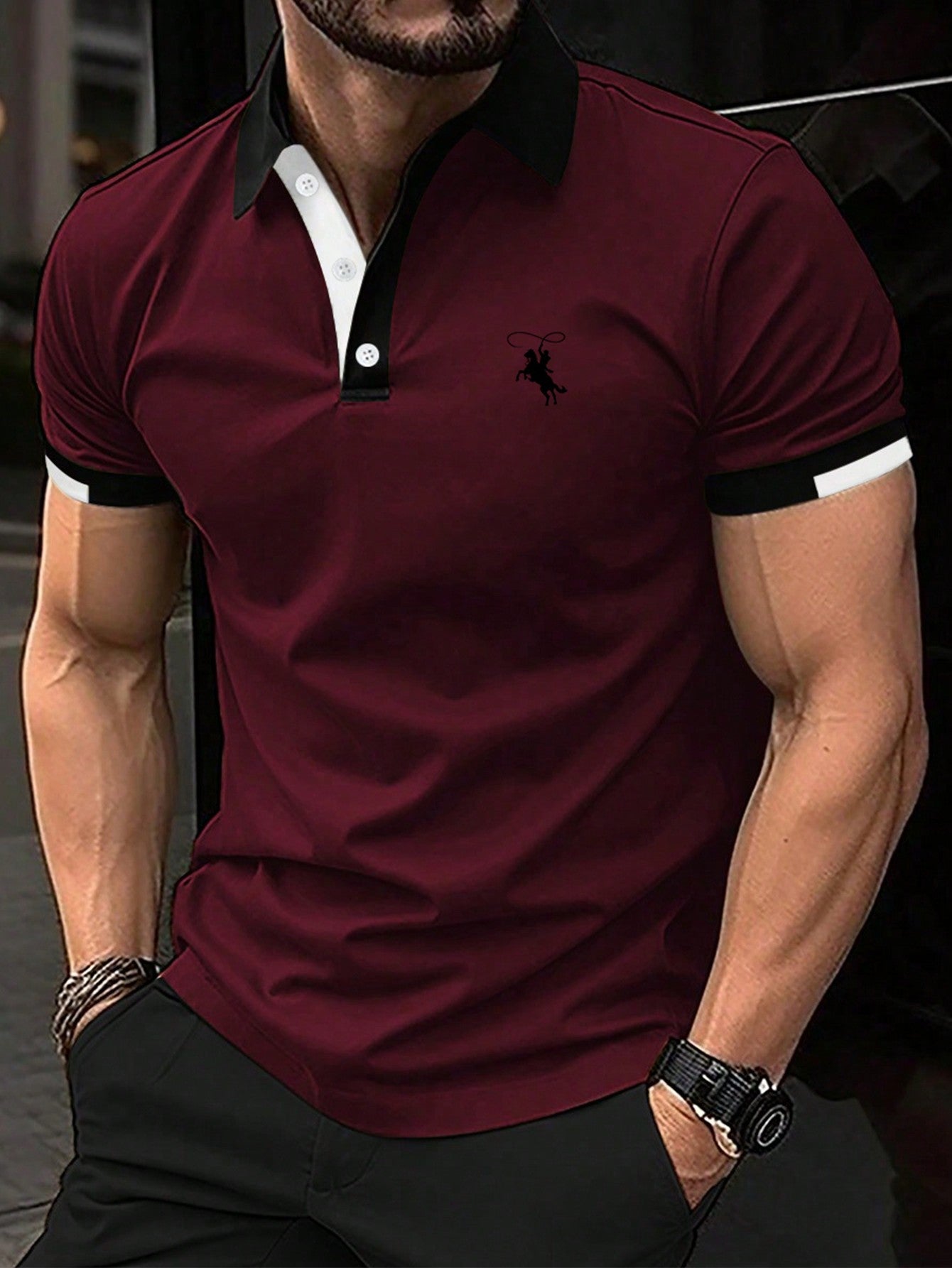 Men Horse Graphic Contrast Trim Polo Shirt