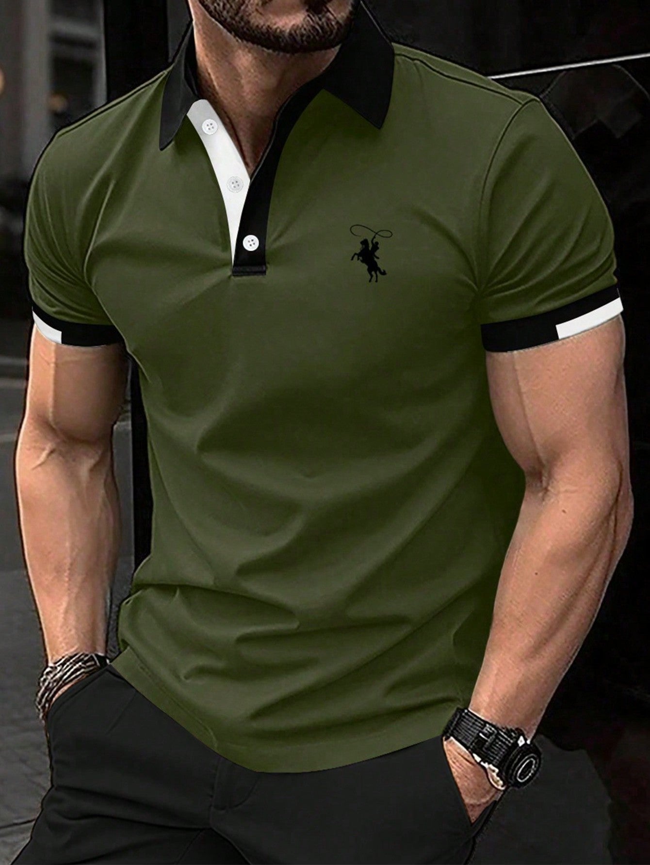 Men Horse Graphic Contrast Trim Polo Shirt