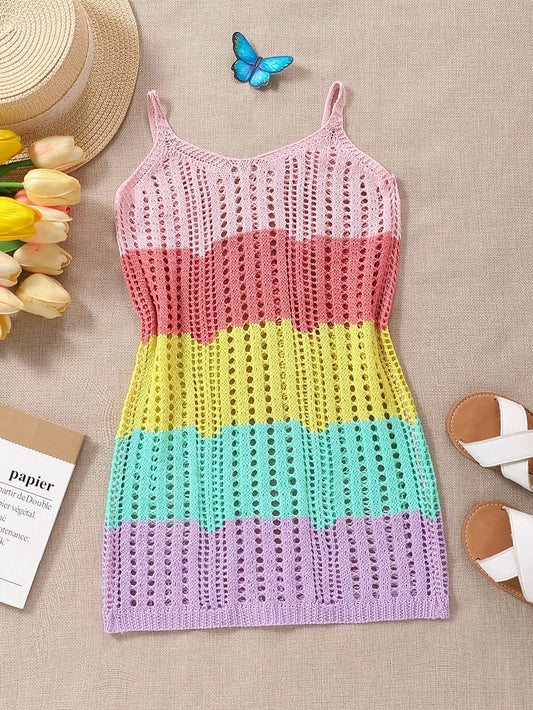 Young Girl Colorblock Hollow Out Knit Beach Vacation Casual Cami Cover-Up Dress For Summer