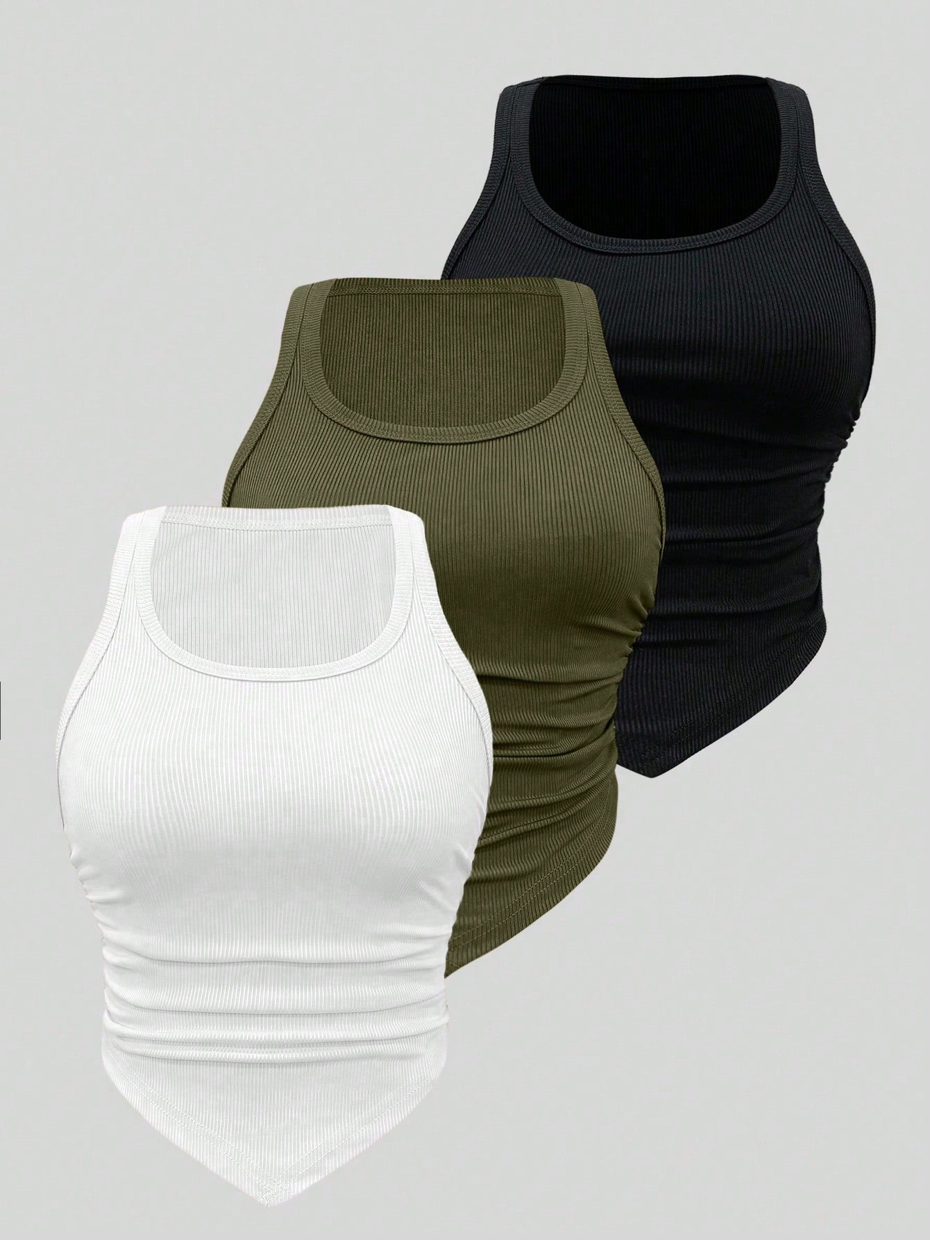 Solid Colored Rib Knit Asymmetrical Hem Pleated Tank Top Set, Multiple Colors Available