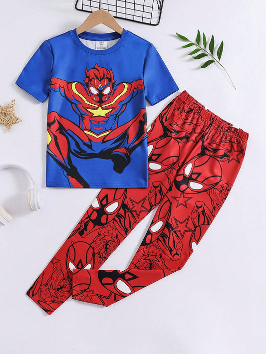 Tween Boy Snug Fit Cartoon Patterned 2pcs Homewear Set For Summer