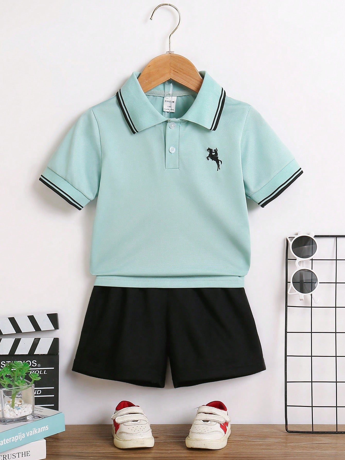 Young Boy Solid Color Striped Polo Shirt With Front Button