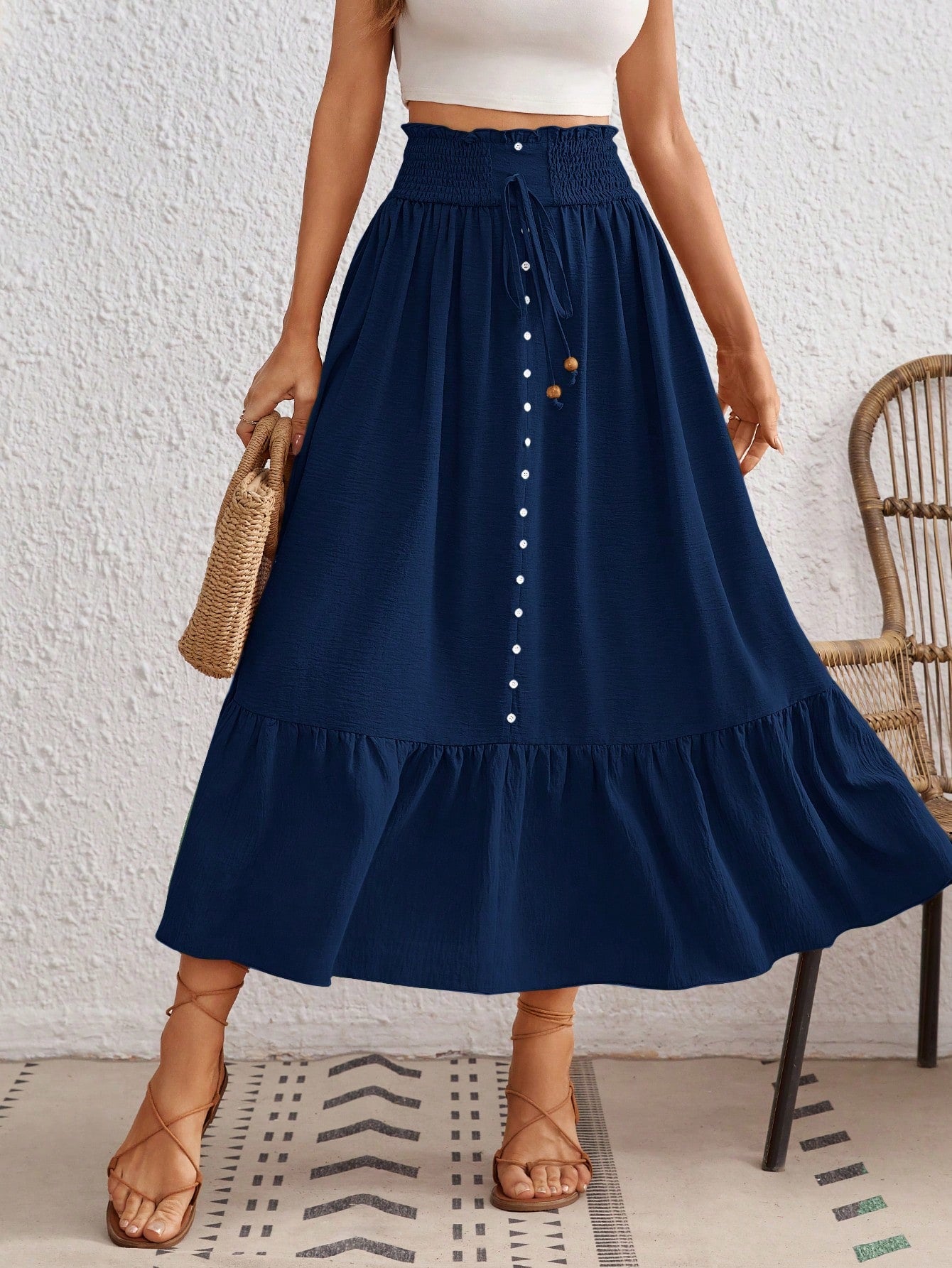 High Waist Button Decoration Vacation Skirt