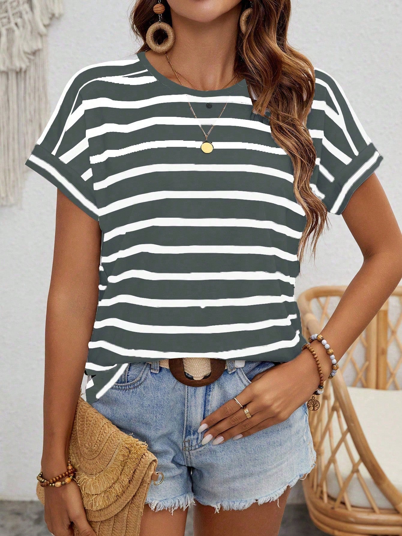 Frenchy Women's Striped Batwing Short Sleeve T-Shirt