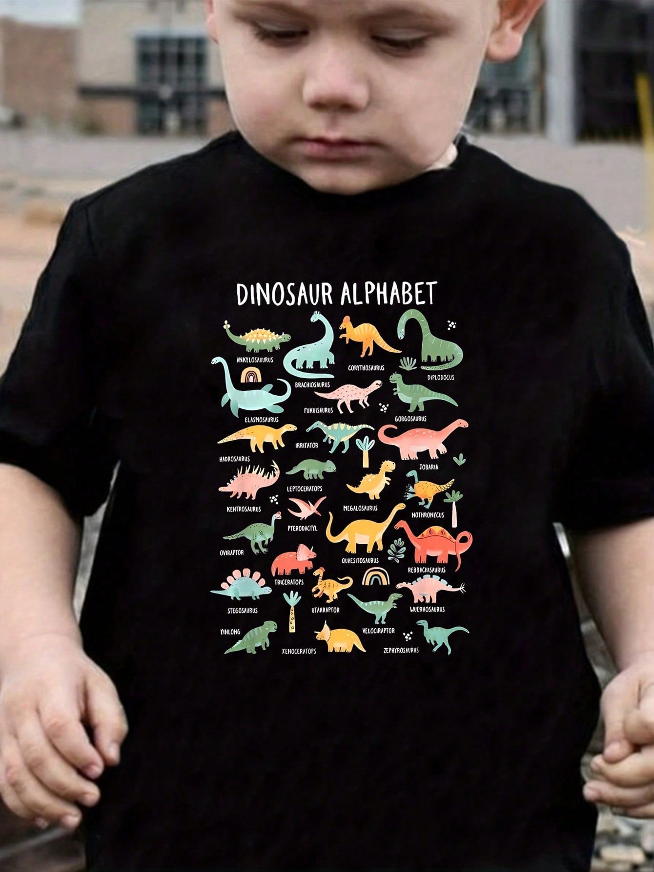 Young Boy Summer Casual Cartoon Dinosaur Guide Pattern Round Neck Short Sleeve T-Shirt