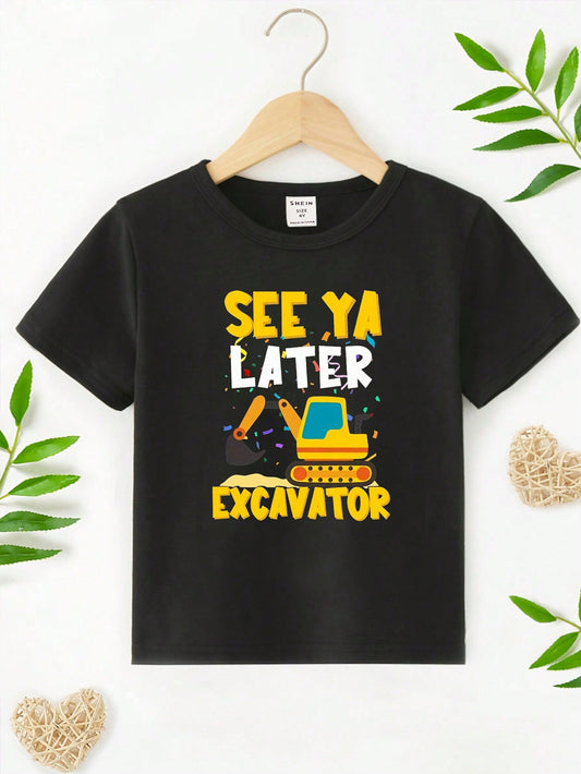 Young Boy's Casual Cartoon Excavator & Letter Print Round Neck Short Sleeve T-Shirt