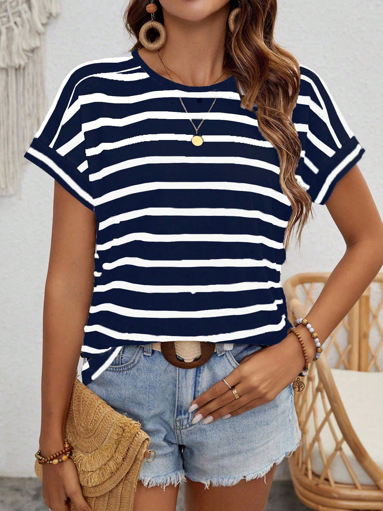 Frenchy Women's Striped Batwing Short Sleeve T-Shirt