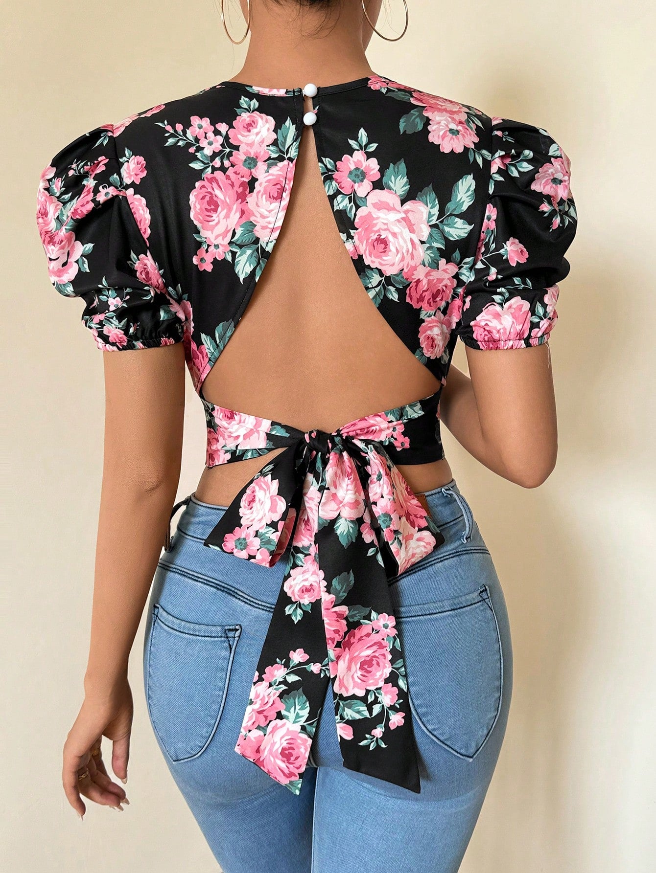 Women's Floral Print Tie-Back Puff Sleeve Cropped Blouse