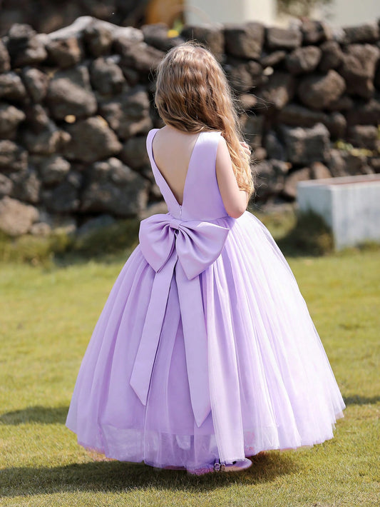 Tween Girl Dress With Big Back Bow Decoration, Light Purple Wedding Flower Girl Tulle Dress, Fluffy Skirt